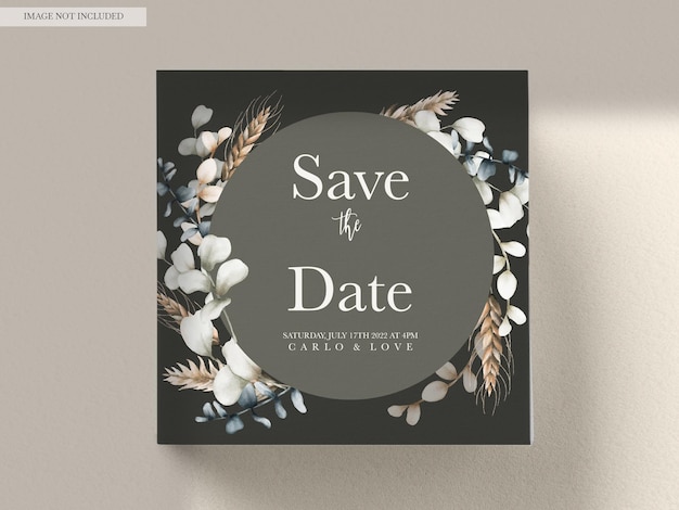 Elegant wedding invitation card with bohemian leaves watercolor