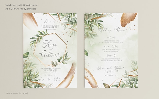 Elegant wedding invitation and menu template with leaves