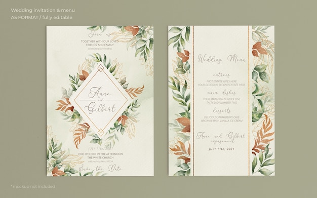 Elegant wedding invitation and menu template with romantic leaves