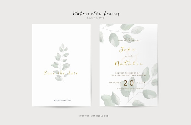 Elegant wedding invitation template with watercolor leaves