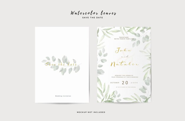 Elegant wedding invitation template with watercolor leaves