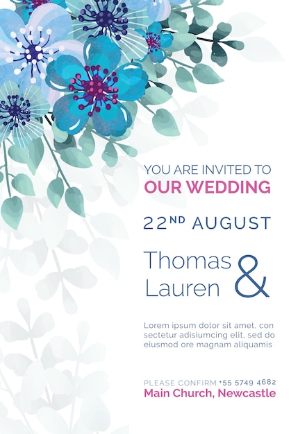 Elegant wedding invitation with blue painted flowers template