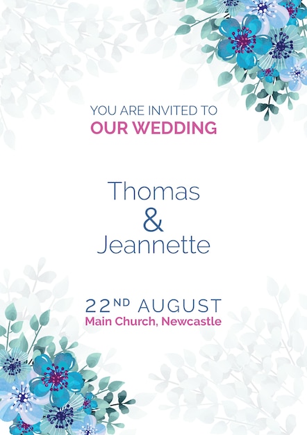 Free PSD elegant wedding invitation with blue painted flowers