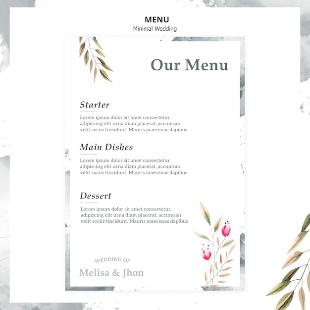 PSD gratuito elegante menu di nozze con antipasto