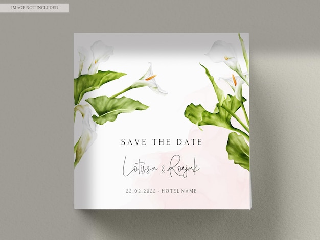 Free PSD elegant white lily flower watercolor wedding invitation card template