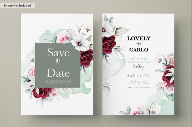 elegant white and maroon rose floral frame watercolor invitation card template