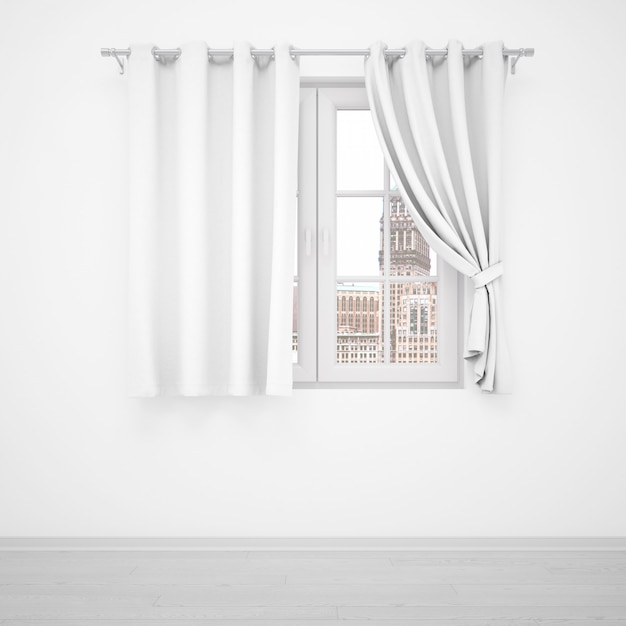 Free PSD elegant window with white curtains on white wall