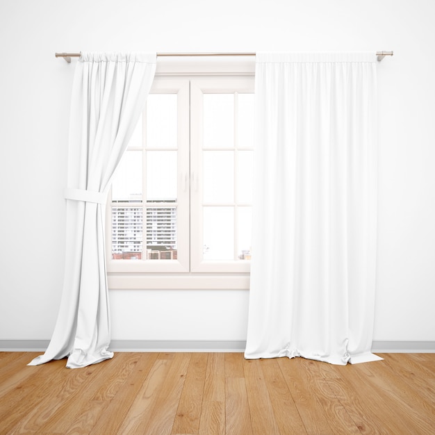 Elegant window with white curtains, wooden floor