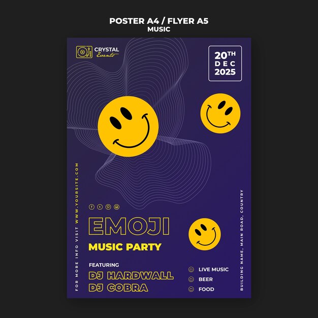 Emoji music party плакат и дизайн шаблона флаера