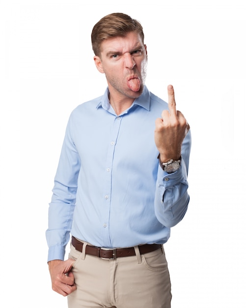 Employee with tongue out showing a rude gesture