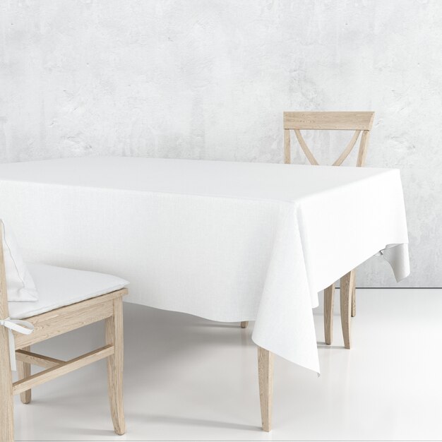 Empty dining table mockup with white cloth and wooden chairs