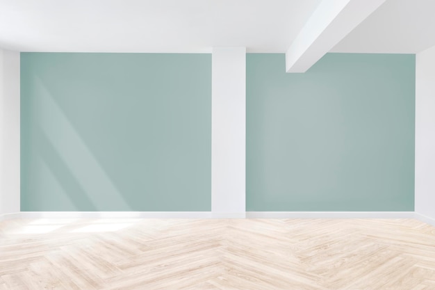 Free PSD empty room scene with blank walls and parquet flooring