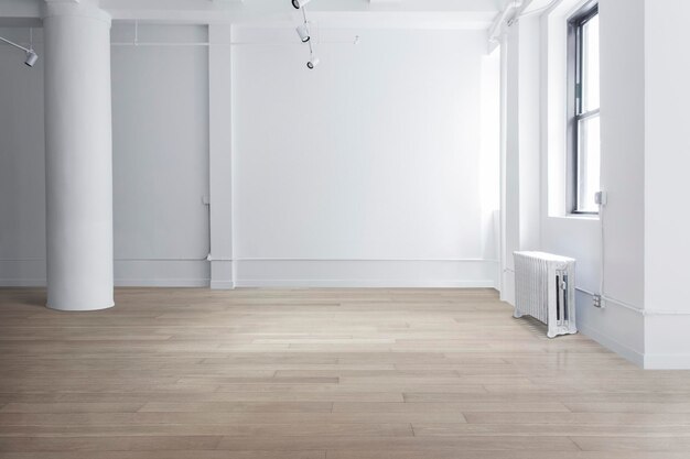 Empty room scene with white walls and parquet flooring 