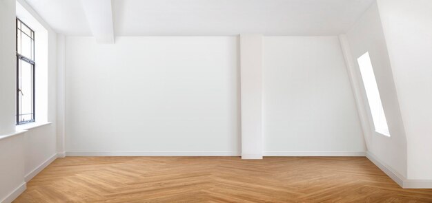 Empty room scene with white walls and parquet flooring 
