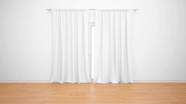 Free PSD empty room with window and white curtains, parquet floor