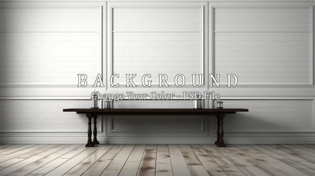 Free PSD empty room with wooden floor and white brick wall