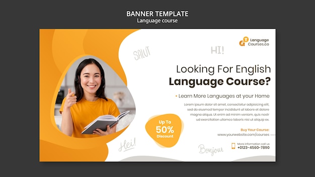 PSD gratuito modello di banner orizzontale per classi di lingua inglese con effetto liquido