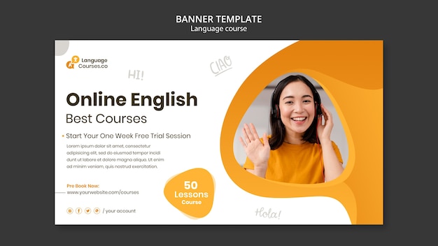 Free PSD english language classes horizontal banner template with liquid effect