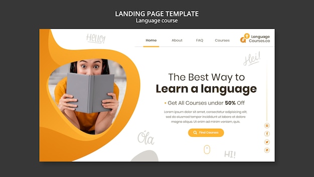 Free PSD english language classes landing page template with liquid effect