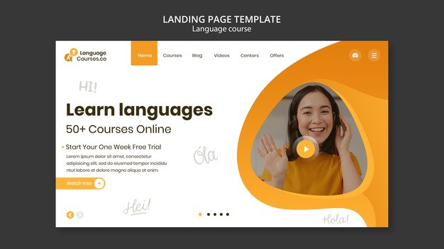 English language classes landing page template with liquid effect