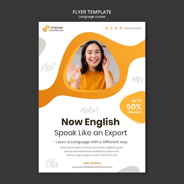 Free PSD english language classes vertical flyer template with liquid effect