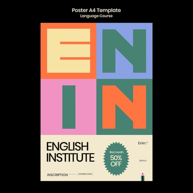 English language courses vertical poster template in retro style