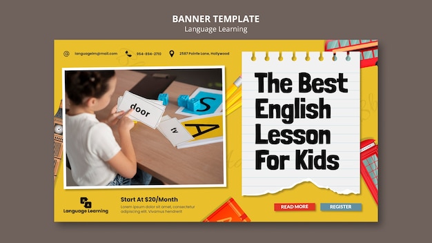 Modello di banner orizzontale per corsi di apprendimento inglese con elementi in inglese