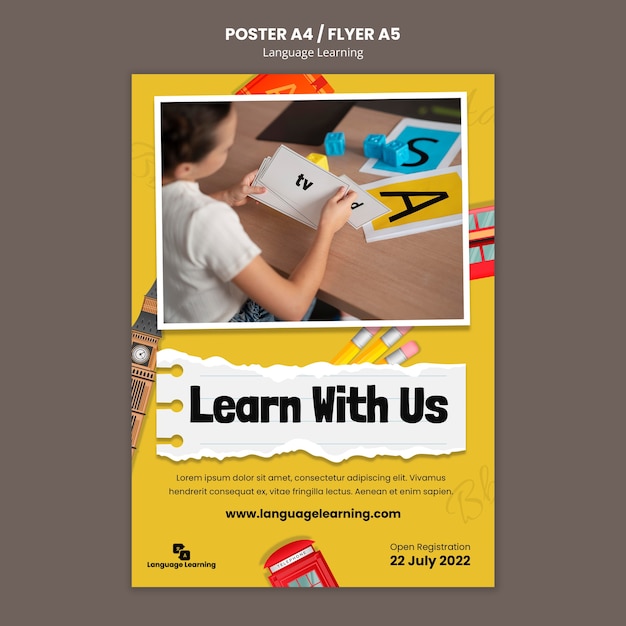 English learning courses vertical poster template with english elements