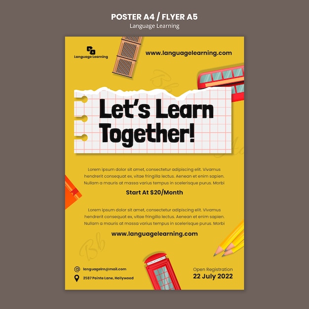 English learning courses vertical poster template with english elements