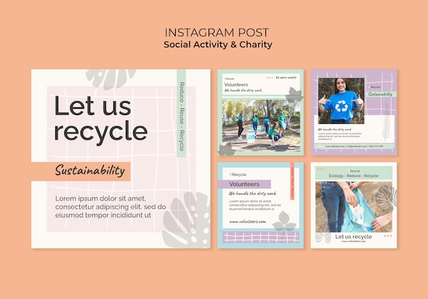 Бесплатный PSD Экологическая деятельность и коллекция постов в instagram без отходов