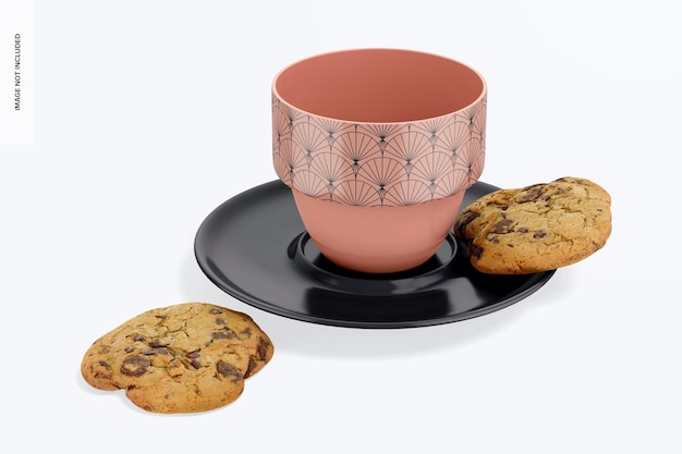 쿠키 모형이 있는 손잡이가 없는 에스프레소 컵 프리미엄 PSD 파일