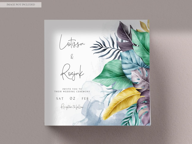 Free PSD exotic tropical leaves watercolor wedding invitation card set