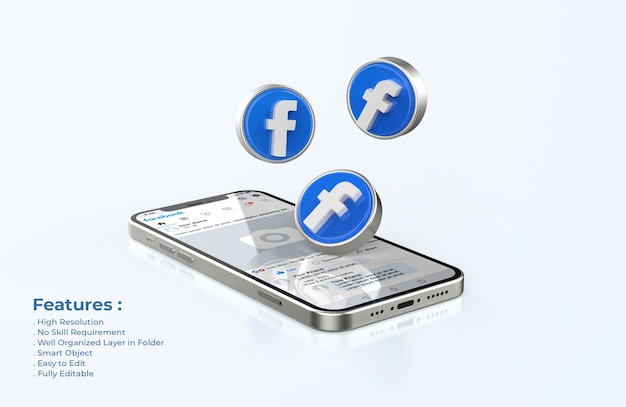 Facebook on mobile phone mockup with 3d icons