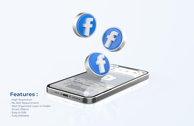 Facebook on mobile phone mockup with 3d icons