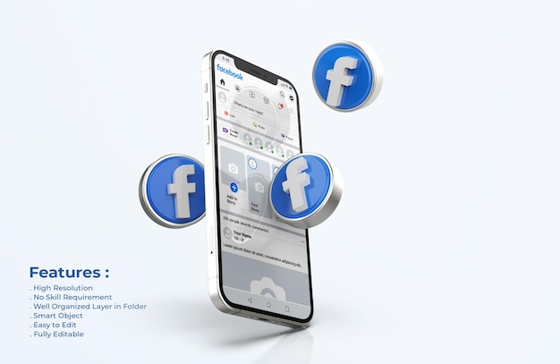Facebook on mobile phone mockup with 3d icons