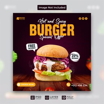 Facebook social media post hot and delicious burger fast food instagram restaurant template design