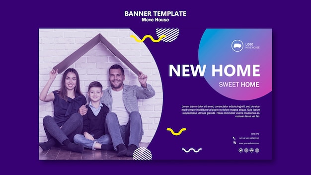 無料PSD 新しい家のバナーテンプレートに移動する家族