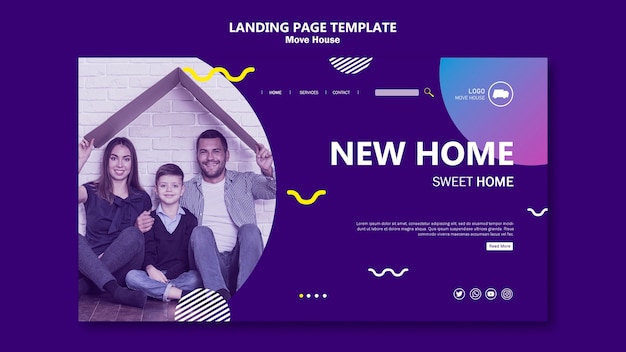 無料PSD 新しい家のランディングページに移動する家族