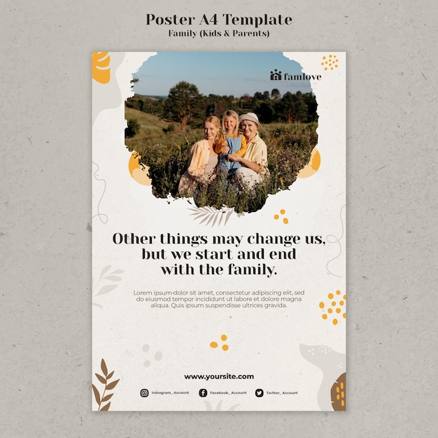 Family with parents and kids poster design template