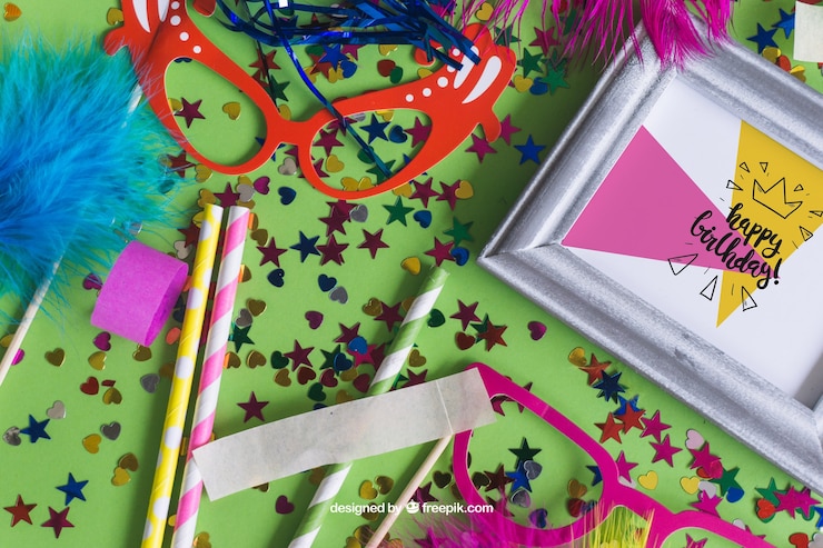 Free PSD fantastic birthday mockup design with decorative items