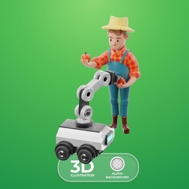 Free PSD farmer using automated harvesting technology 3d illustration