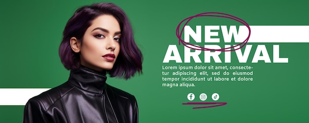 Free PSD fashion banner with model with purple hair and text on a green background