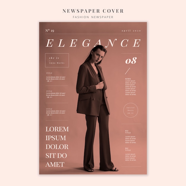 Fashion newspaper cover of elegant woman standing