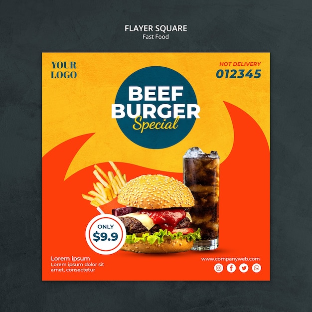 Бесплатный PSD Квадратный флаер шаблона рекламы быстрого питания