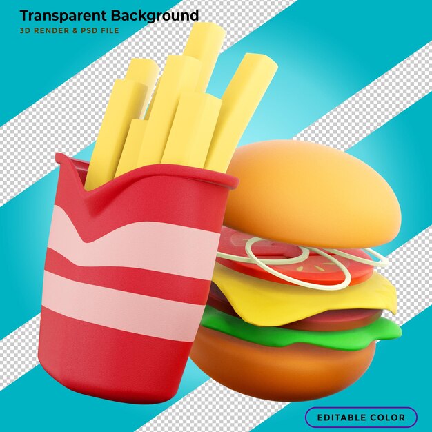 PSD gratuito hamburger di fast food, patatine fritte e bibita 3d illustrazione