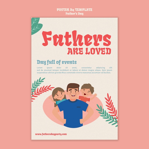 PSD gratuito modello di poster verticale per la festa del papà con padre e figlio dei cartoni animati
