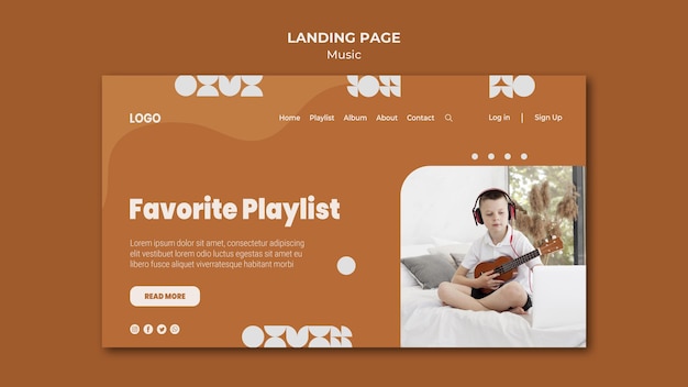 Free PSD favorite playlist boy playing ukulele landing page