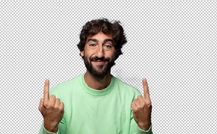 Free PSD feeling awed and open mouthed pointing upwards with a shocked and surprised look