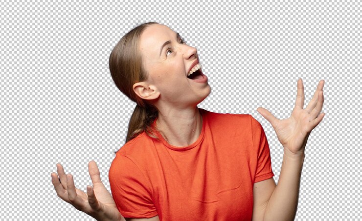 Free PSD feeling happy amazed lucky and surprised celebrating victory with both hands up in the air