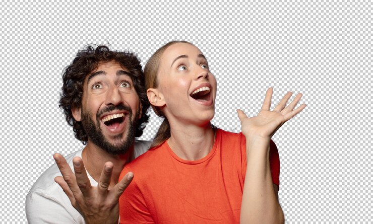 Free PSD feeling happy amazed lucky and surprised celebrating victory with both hands up in the air